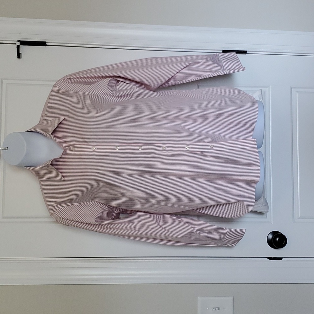 Dress shirt with pink strips outlined with black alternating with white stripe